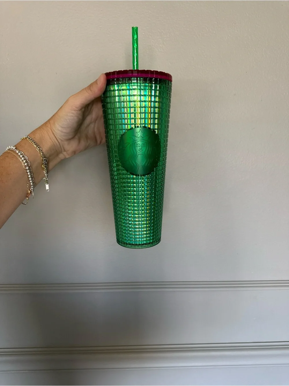 Starbucks Iridescent Green Studded Tumbler with Pink Rim and Green Straw
